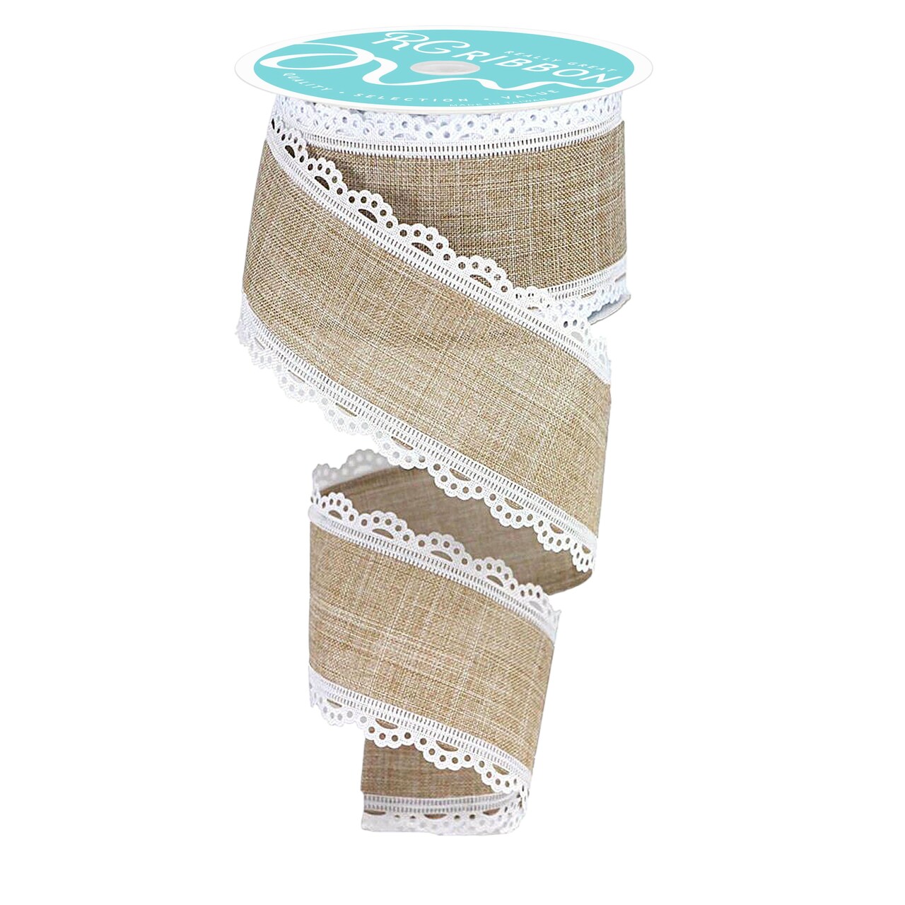 RG Ribbon: 2.5" Natural Brown and White Scalloped Lace Edge Ribbon for Bows, Wreaths, Crafts and Decorations